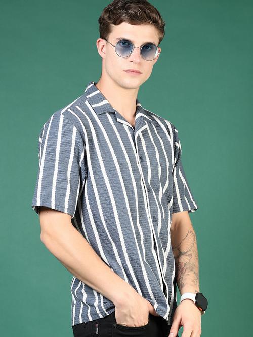 men grey stripes short sleeve regular fit casual shirt - 21854269 - Very Small Image - 1