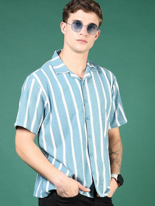 men blue stripes short sleeve regular fit casual shirt - 21854272 - Very Small Image - 1