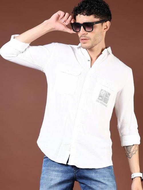 Men White Typographic Long Sleeve Regular Fit Casual Shirt - 21854314 - Very Small Image - 1