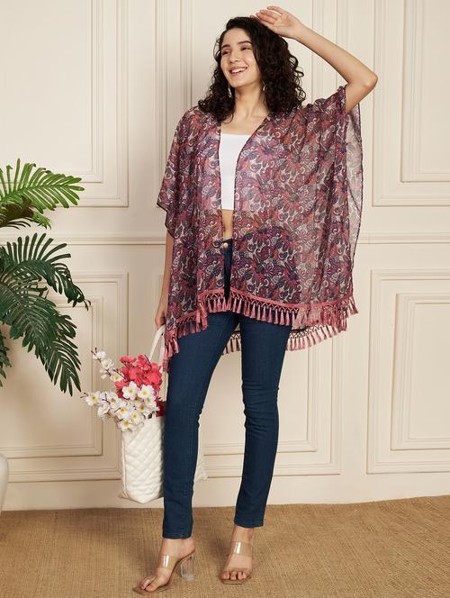 women printed fringed hem asymmteric shrug - 21854972 - Very Small Image - 1