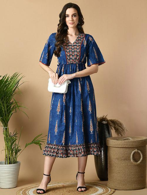women blue printed fit & flare ethnic dress - 21855512 - Very Small Image - 1