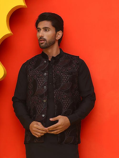 men embroidered mandarin neck nehru jacket - 21855593 - Very Small Image - 1