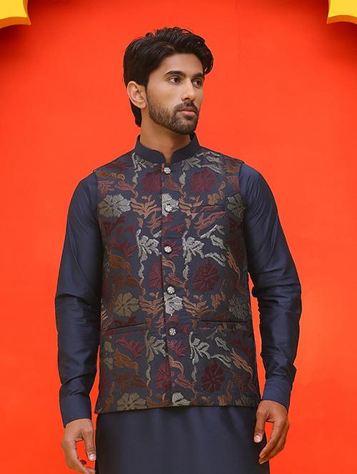 men embroidered mandarin neck nehru jacket - 21855597 - Very Small Image - 1