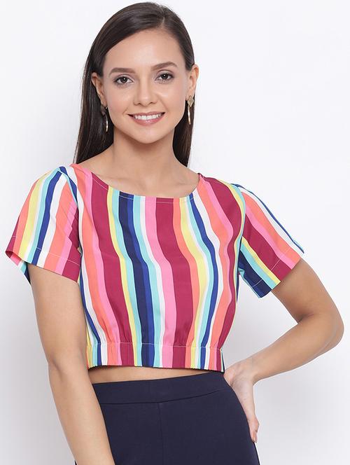 women striped short sleeves crop top - 21864011 - Very Small Image - 1