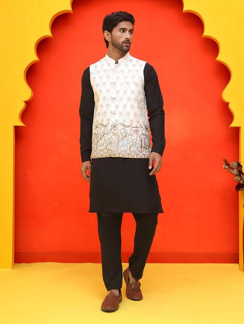 men mandarin neck kurta pyjama with jacket ethnic wear set - 21866014 - Very Small Image - 1