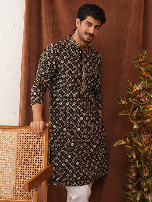 men embroidered mandarin neck long kurta  - 21866536 - Very Small Image - 1