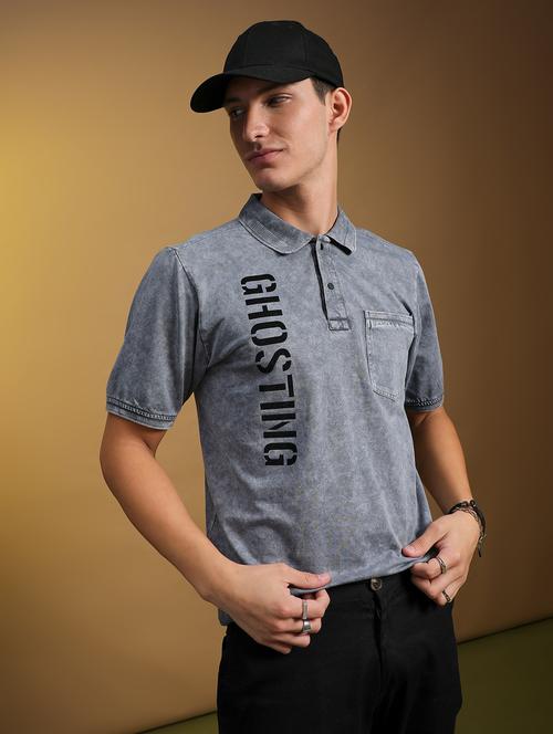 men grey typographic short sleeve polo t-shirt - 21873592 - Very Small Image - 1