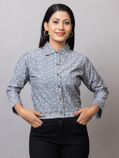 women printed collared crop shirt - 21874774 - Very Small Image - 1