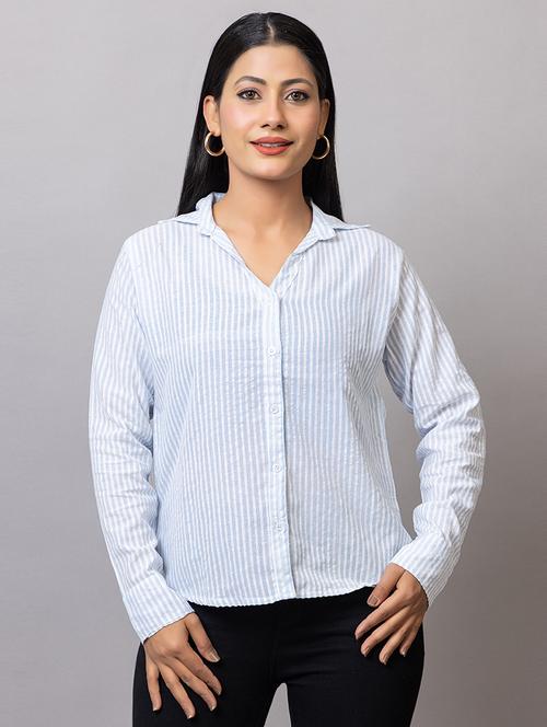 women striped collared long sleeves shirt - 21874775 - Very Small Image - 1