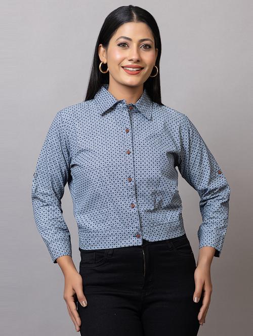 women printed collared crop shirt - 21874781 - Very Small Image - 1