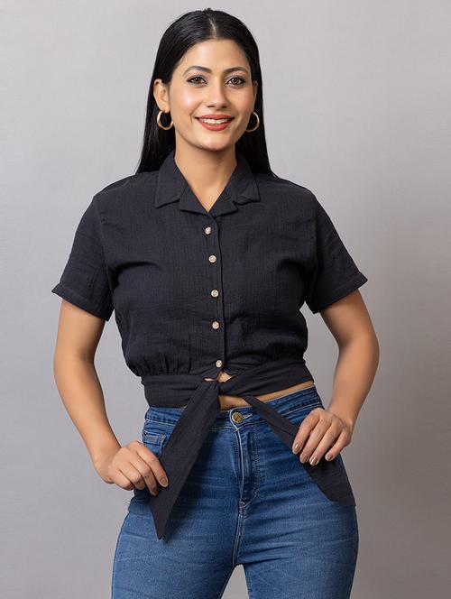 women solid short sleeves crop shirt - 21874784 - Very Small Image - 1