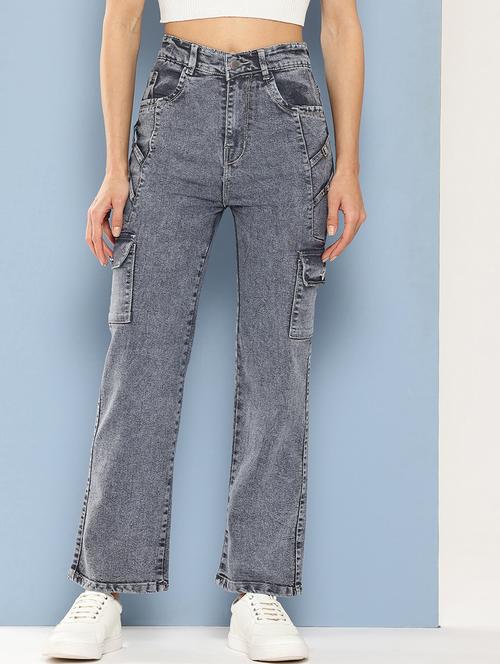 women solid high rise denim cargo - 21880966 - Very Small Image - 1