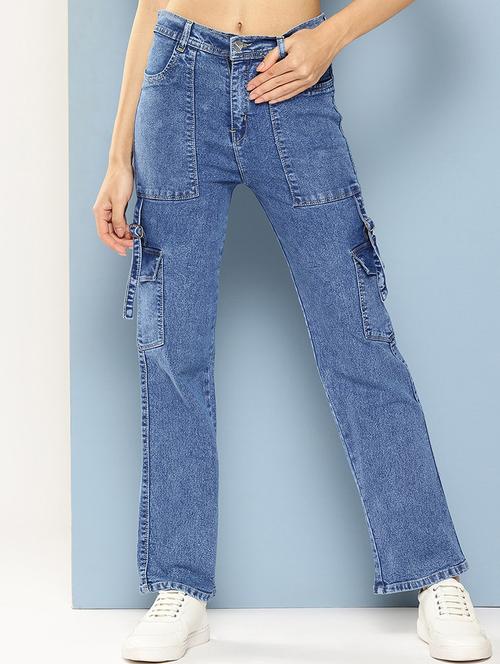 women solid high rise denim cargo - 21881002 - Very Small Image - 1