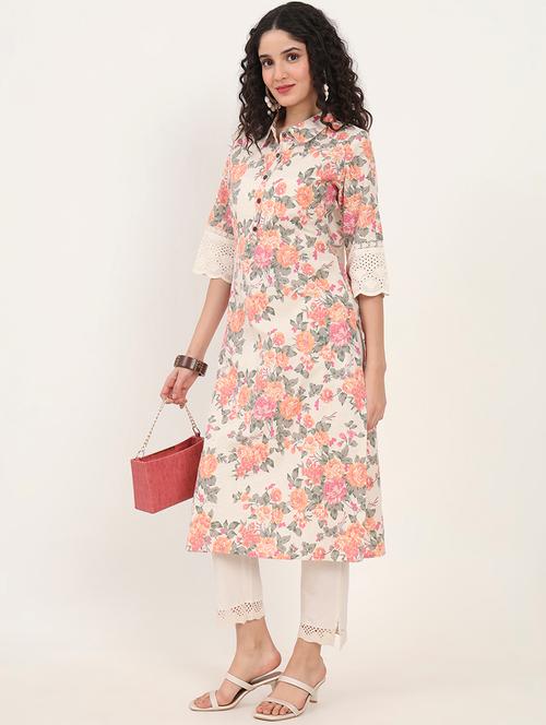 women floral three quarter sleeve straight kurta - 21881676 - Very Small Image - 1