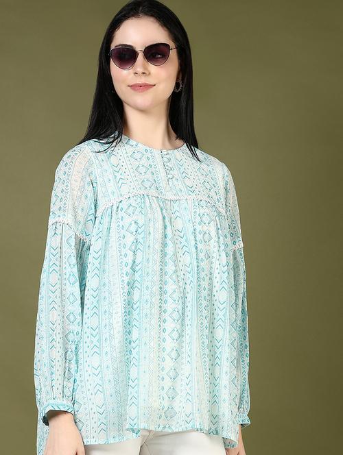 women ligh blue printed puff sleeve a-line top - 21881910 - Very Small Image - 1