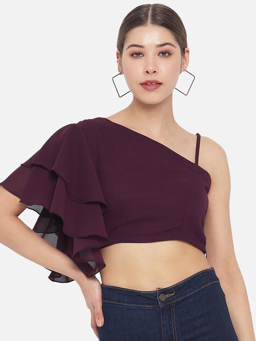 women solid single shoulder crop top - 21898930 - Very Small Image - 1