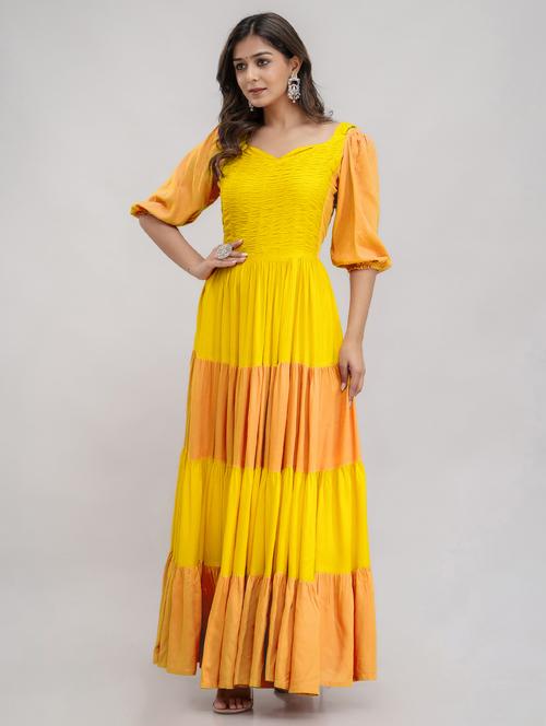 women color blocked puff sleeves tiered dress - 21898991 - Very Small Image - 1