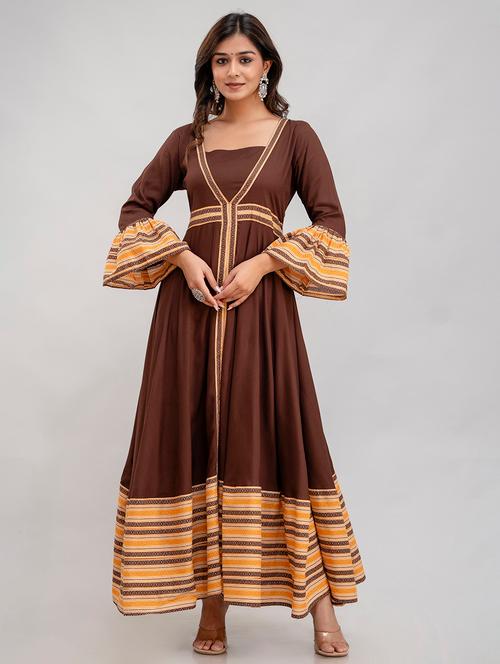 women brown striped bell sleeve flared ethnic dress - 21899006 - Very Small Image - 1