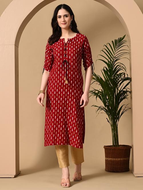 women maroon printed notch neck straight kurta - 21899033 - Very Small Image - 1