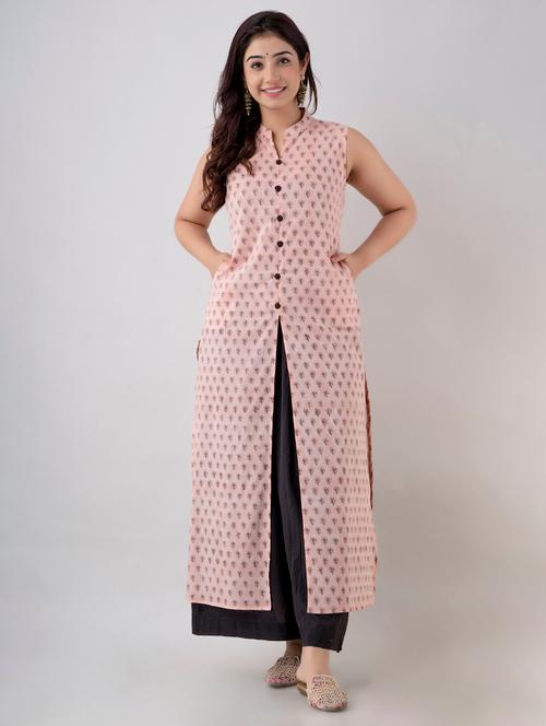 women peach printed sleeveless front slit kurta - 21899037 - Very Small Image - 1