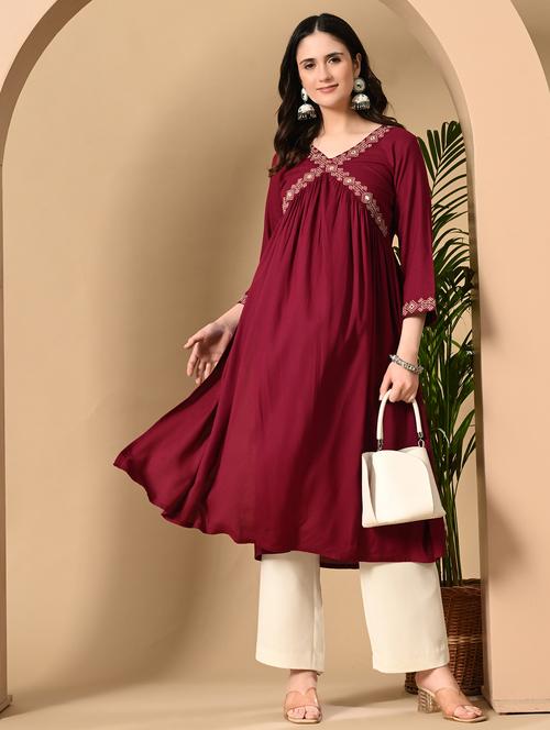 women maroon three quarter sleeve a-line kurta - 21899044 - Very Small Image - 1