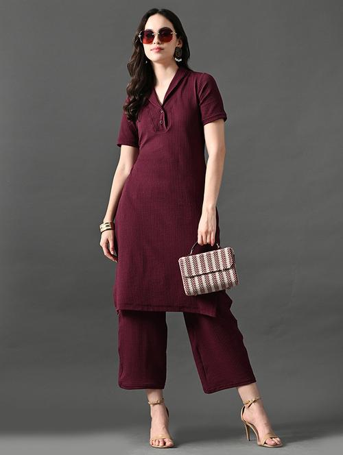 Women Solid Short Sleeves Kurta And Pant Set - 21899117 - Very Small Image - 1