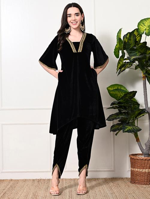 women lace detailed bell sleeves kurta and pant set - 21899121 - Very Small Image - 1