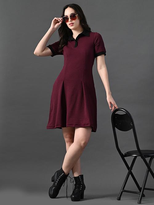 women solid short sleeves collared a-line dress - 21899159 - Very Small Image - 1