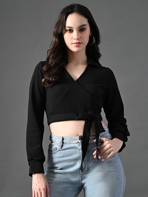 women solid long sleeves mock wrap top - 21899173 - Very Small Image - 1