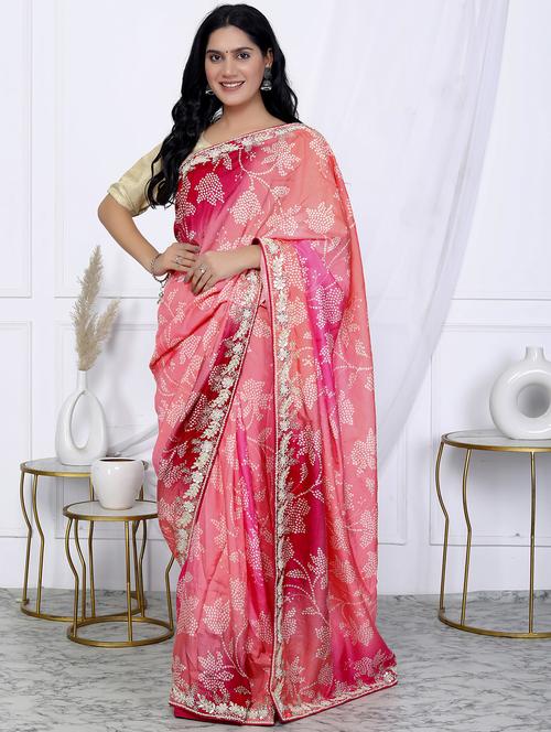 women pink bandhani printed saree  with blouse - 21901177 - Very Small Image - 1