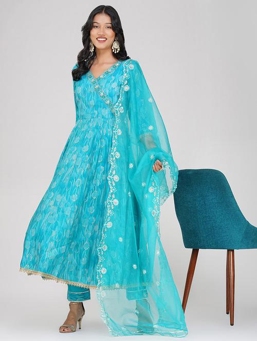 women three quarter sleeve anarkali kurta pant with dupatta set - 21901345 - Very Small Image - 1