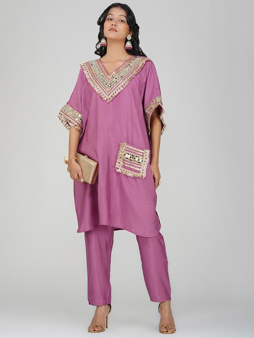 women mauve kimono sleeve kaftan kurta pant set - 21901379 - Very Small Image - 1