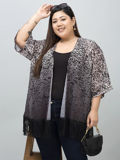 women plus size printed fringed hem shrug - 21901565 - Very Small Image - 1