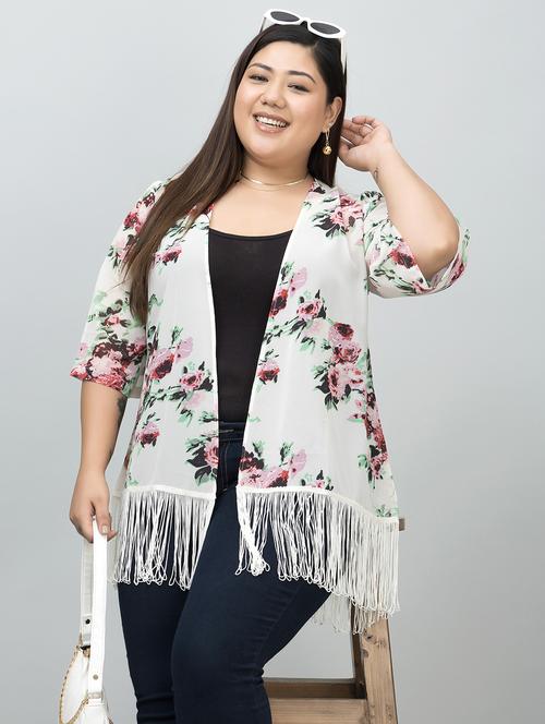 women plus size printed fringed hem regular shrug - 21901568 - Very Small Image - 1