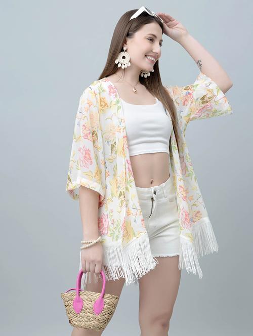 women floral printed fringed hem regular shrug - 21901572 - Very Small Image - 1