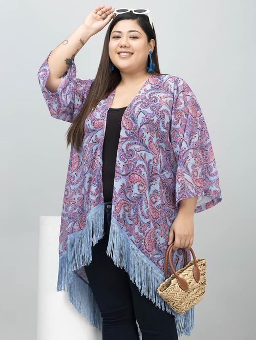 women plus size printed fringed hem shrug - 21901587 - Very Small Image - 1