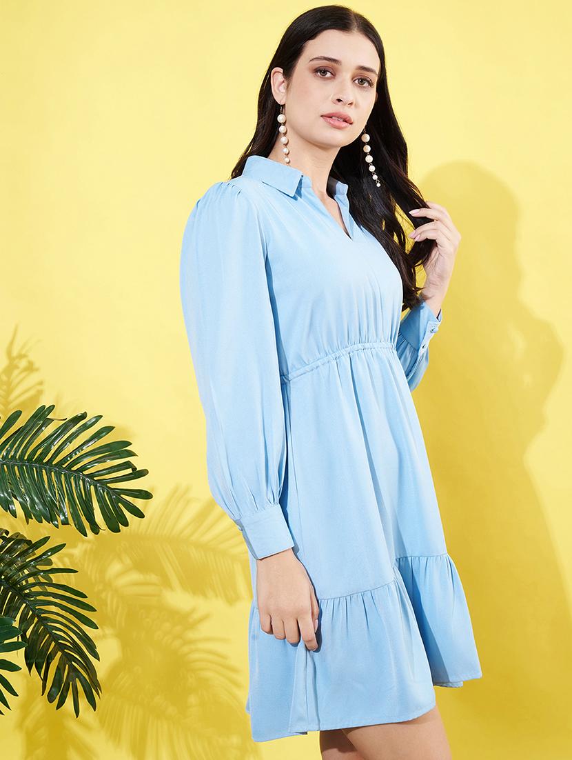 women solid puff sleeves collared tiered dress - 21901598 - Zoom Image - 1