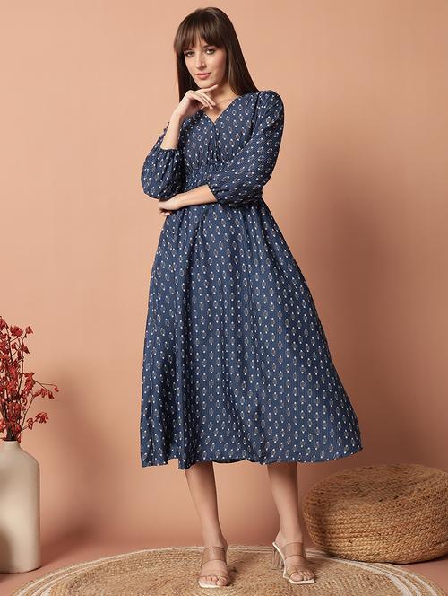 women navy blue printed flared ethnic dress - 21903375 - Very Small Image - 1