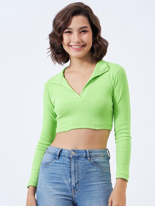 women solid collared long sleeves crop top - 21903387 - Very Small Image - 1