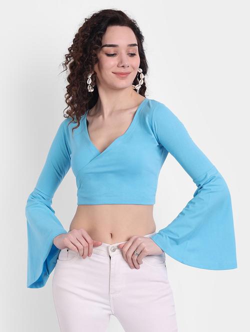 women solid bell sleeves crop top - 21903520 - Very Small Image - 1