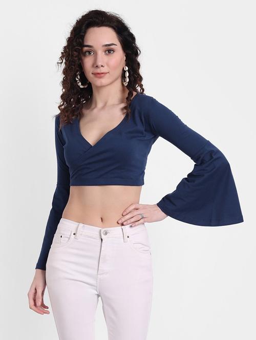women solid bell sleeves crop top - 21903523 - Very Small Image - 1
