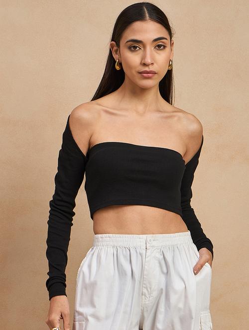 women solid off shoulder long sleeves crop top - 21903585 - Very Small Image - 1