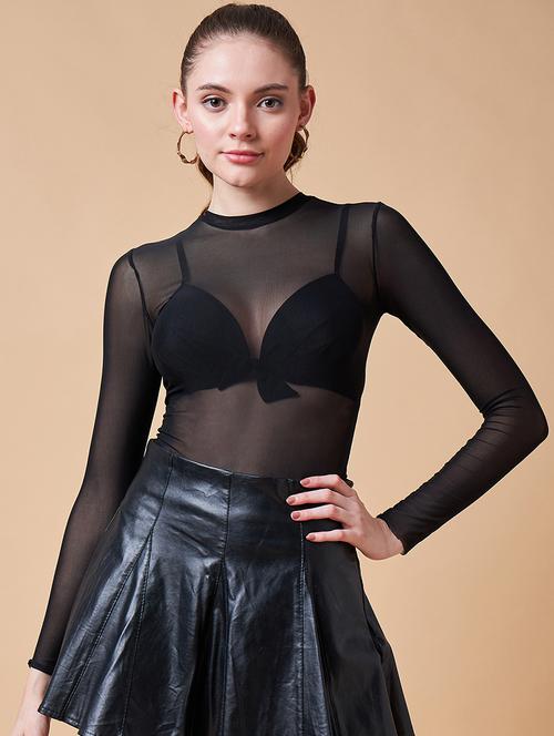 women solid long sleeves sheer back crop top - 21903961 - Very Small Image - 1