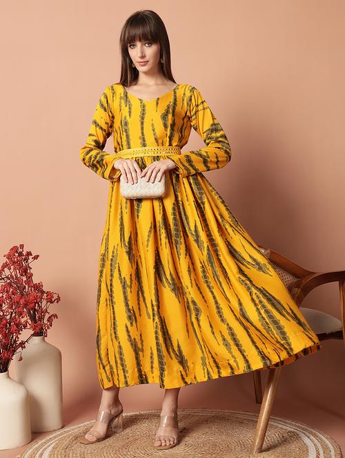 women yellow tie & dye printed flared ethnic dress - 21903982 - Very Small Image - 1
