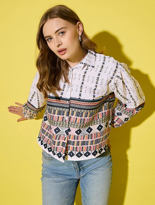 womenn printed collared puff sleeve regular shirt - 21904443 - Very Small Image - 1