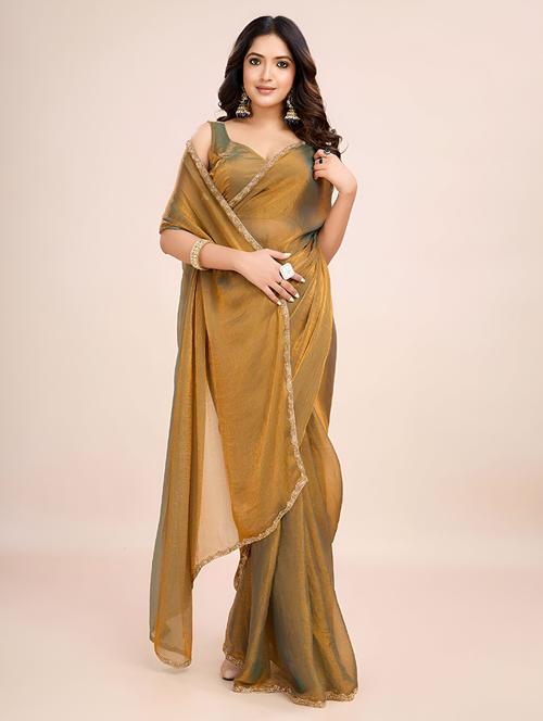 women gold plain embellished border saree with blouse - 21905212 - Very Small Image - 1