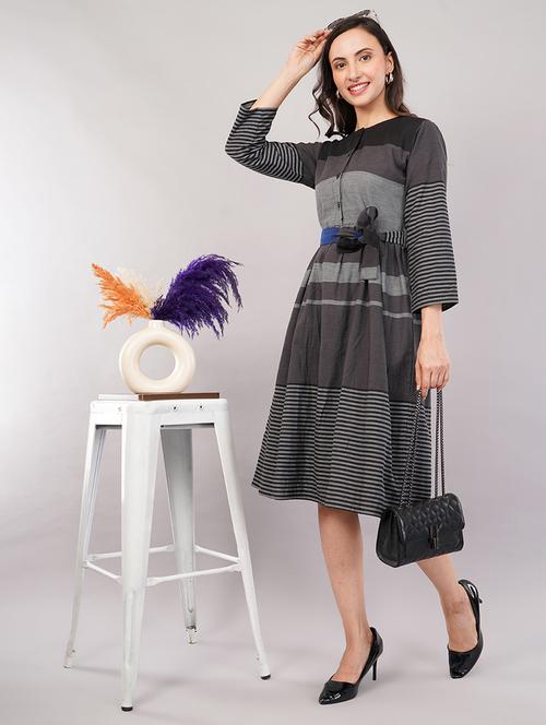 women striped round neck a-line dress - 21905236 - Very Small Image - 1