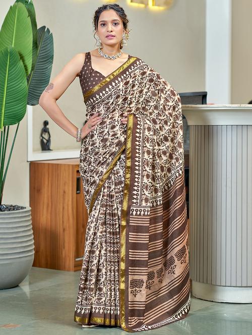 women brown printed saree with blouse - 21905412 - Very Small Image - 1