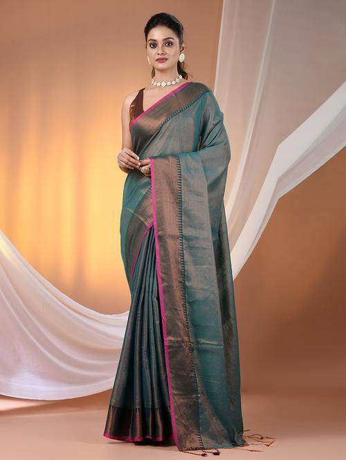 women solid with bordered handloom saree with blouse - 21905562 - Very Small Image - 1