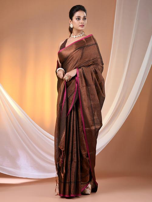women brown handloom saree with blouse - 21905570 - Very Small Image - 1